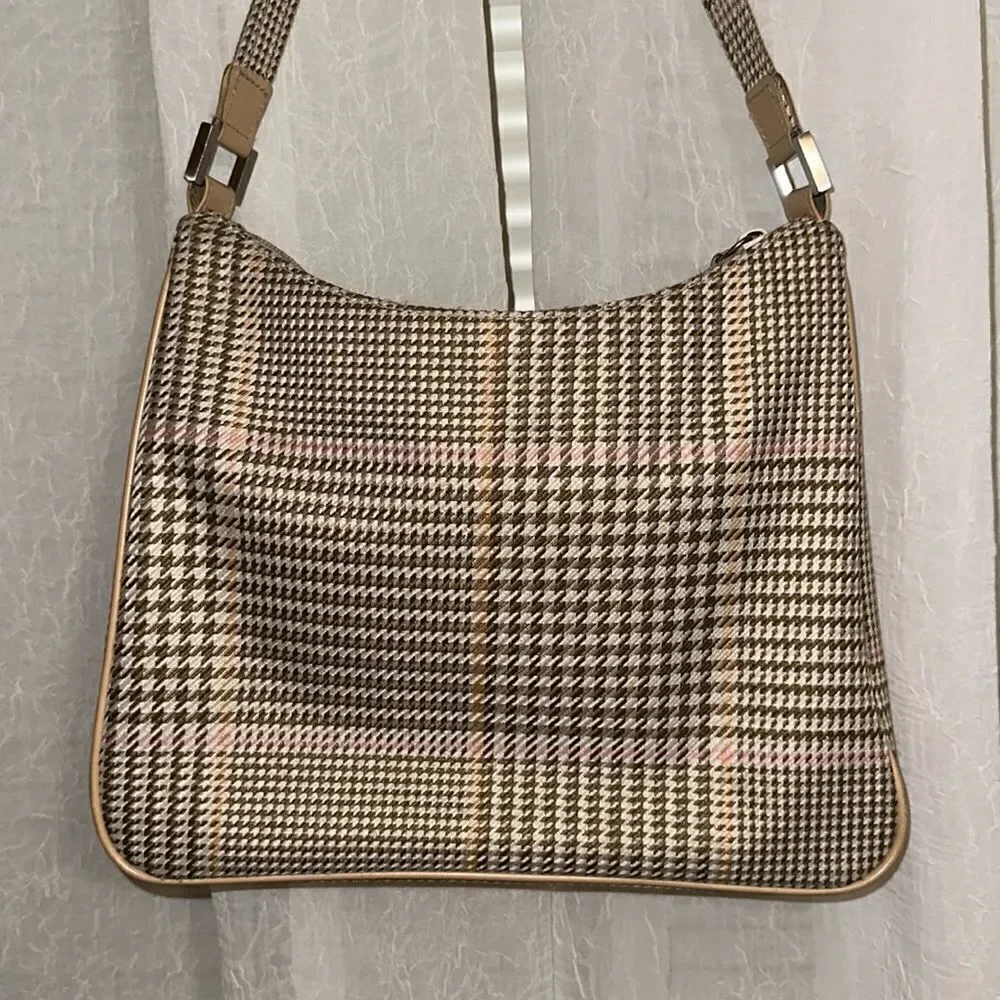 LRL Ivory Tan White Pink Gold Houndstooth Leather Silver Tone Hardware Hobo Bag